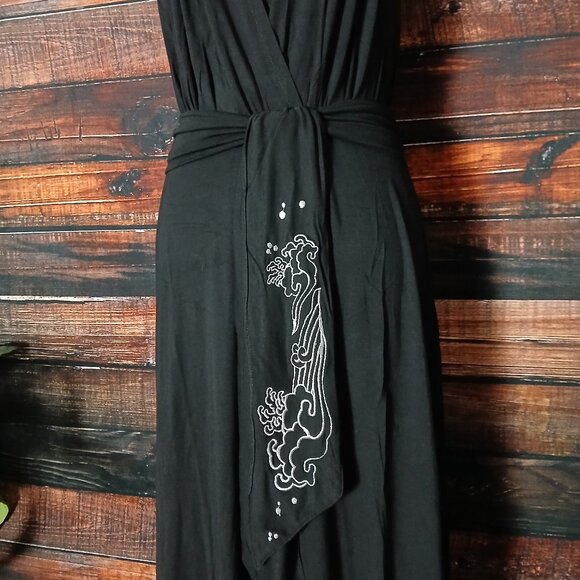 Enthousis Maxi Dress 8 Black Belted Halter Plunge Modal Viscose - Picture 6 of 8